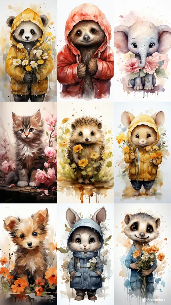 Watercolor Clipart Cute Animals Midjourney Prompt | PromptBase