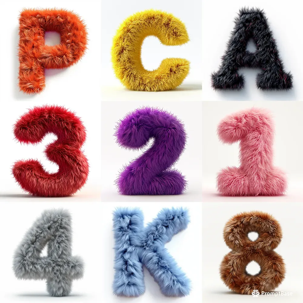 Colorful 3D Fur Numbers And Letters Midjourney Prompt | PromptBase
