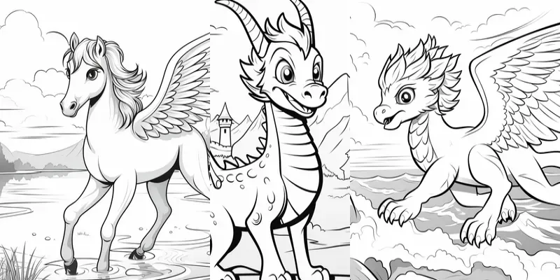 Flying Mythical Creatures Coloring Pages Midjourney Prompt | PromptBase