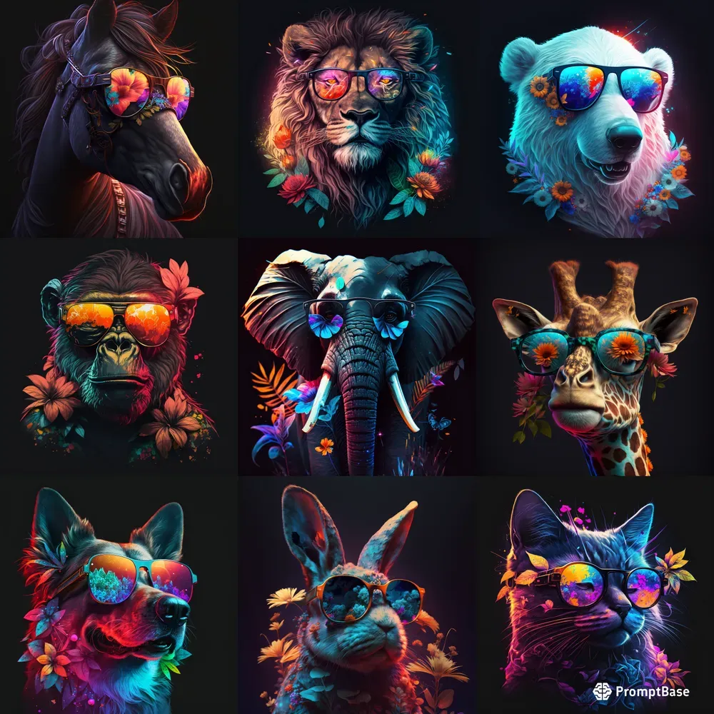 Realistic Animals Portraits Neon Hippies Midjourney Prompt | PromptBase