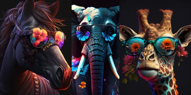 Realistic Animals Portraits Neon Hippies Midjourney Prompt | PromptBase