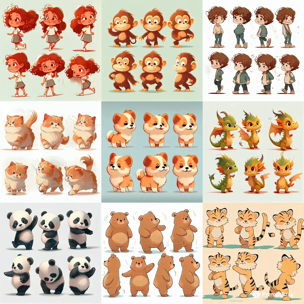 Cute Characters In Multiple Poses Midjourney Prompt | PromptBase