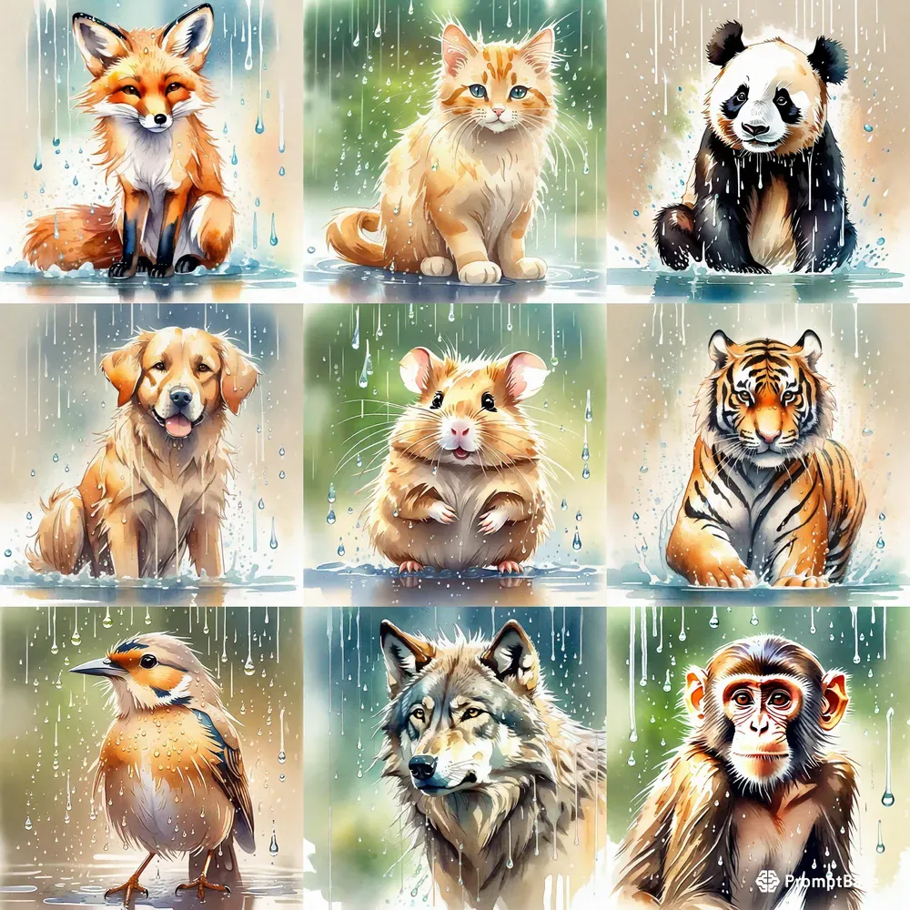 Animals In Rain Illustrations Stable Diffusion Prompt | PromptBase