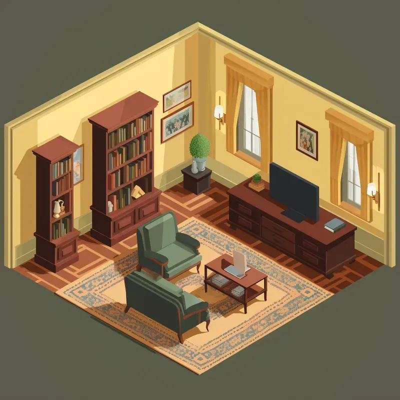 2D Isometric Interior Space Illustrations Midjourney Prompt | PromptBase