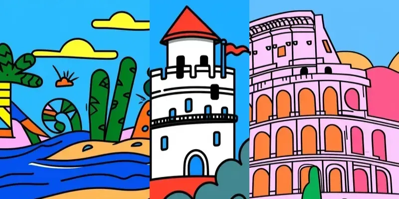 2D Flat Cartoon Landscape Postcard Image Midjourney Prompt | PromptBase