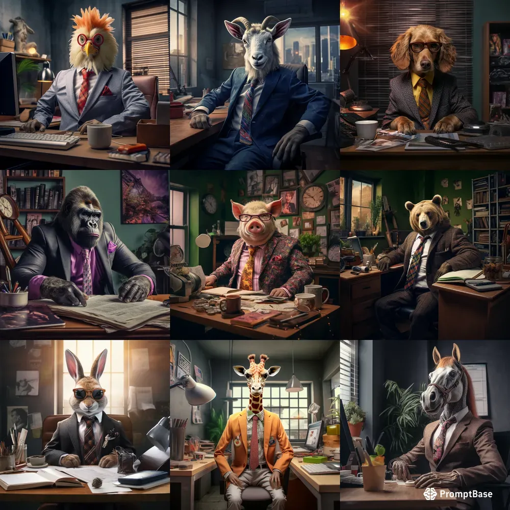 Realistic Animals Wearing Clothes Offices Midjourney Prompt | PromptBase