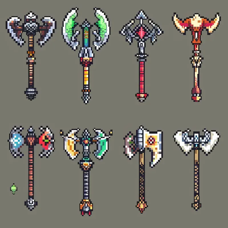 Simple Pixel Video Game Weapon Sets Midjourney Prompt | PromptBase