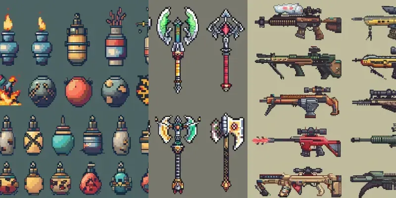 Simple Pixel Video Game Weapon Sets Midjourney Prompt | PromptBase
