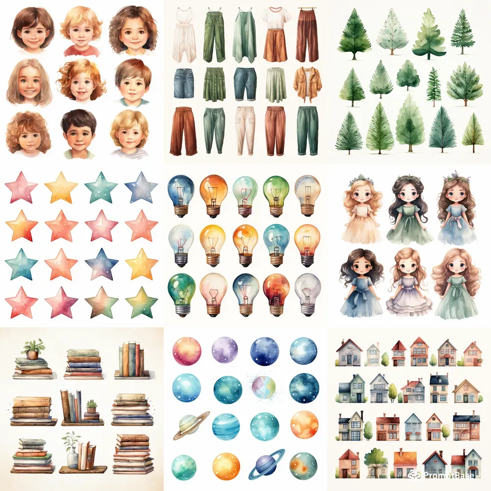 Sets Of Watercolor Clip Art Midjourney Prompt | PromptBase