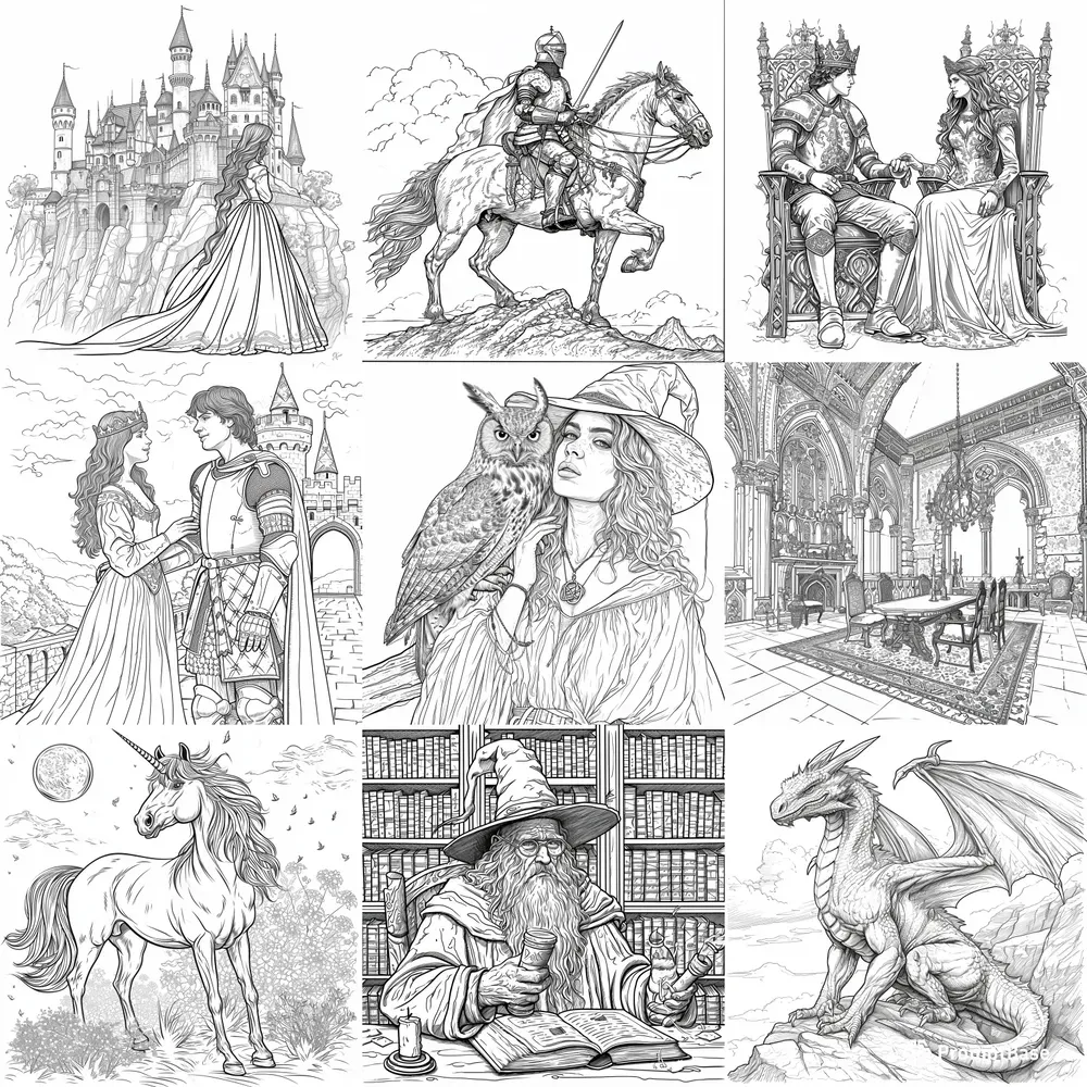Medieval Themed Coloring Book Pages Midjourney Prompt | PromptBase