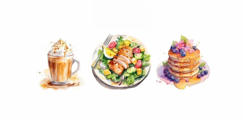 Foods Drinks Desserts Watercolor Cliparts Midjourney Prompt | PromptBase