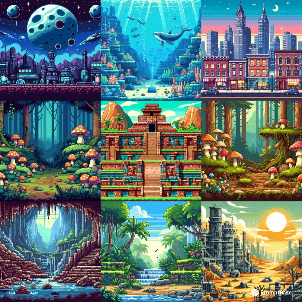 Pixel Video Game Backgrounds DALL·E Prompt | PromptBase
