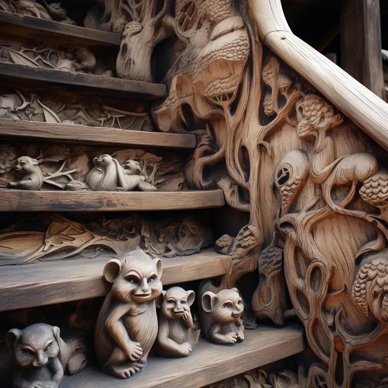 Items Covered In Wood Carvings Of Animals Midjourney Prompt | PromptBase