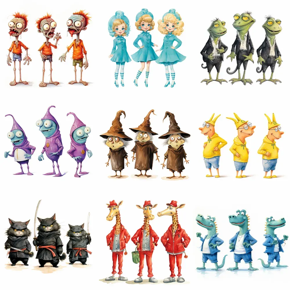 Multiple Poses Sheets Funny Characters Midjourney Prompt | PromptBase