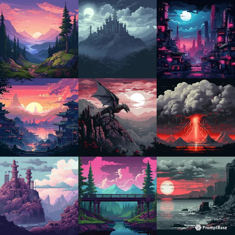 Pixel Art Landscapes Midjourney Prompt | PromptBase
