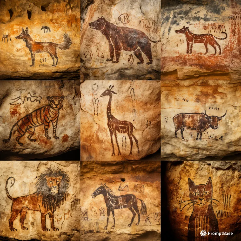 Prehistoric Animal Cave Art Paintings Midjourney Prompt | PromptBase