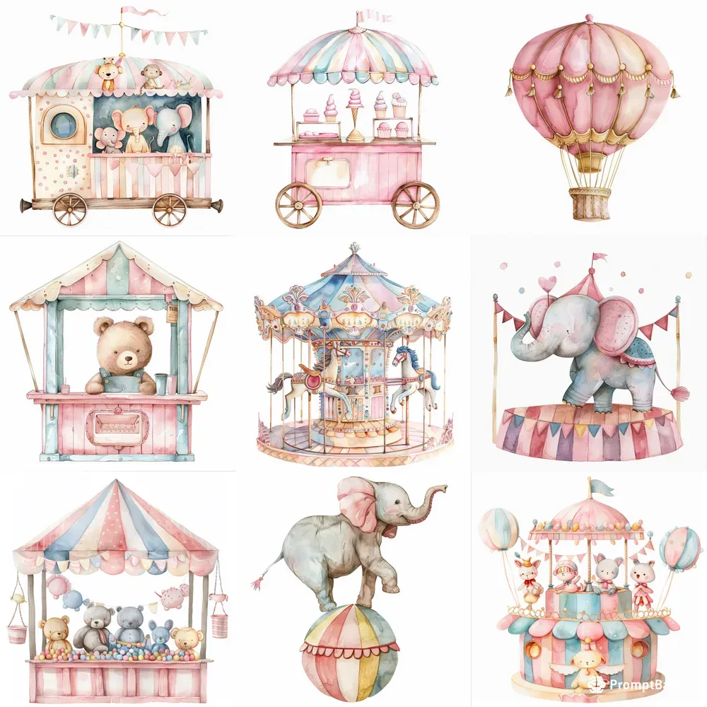 Cute Pastel Carnival Watercolor Clip Art Midjourney Prompt | PromptBase