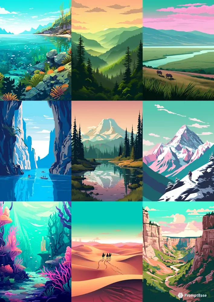 Flat Beautiful Landscapes Midjourney Prompt | PromptBase