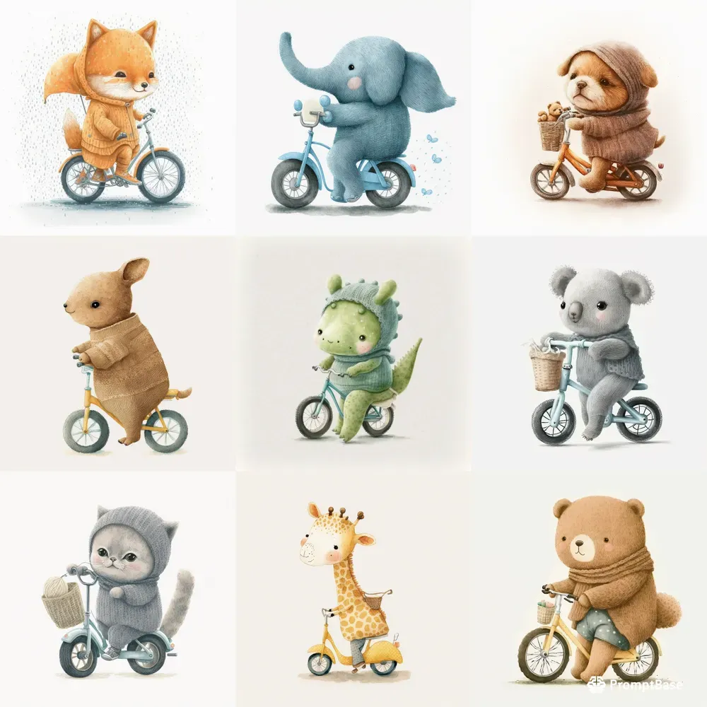 Knitted Biking Animals Nursery Art Midjourney Prompt | PromptBase