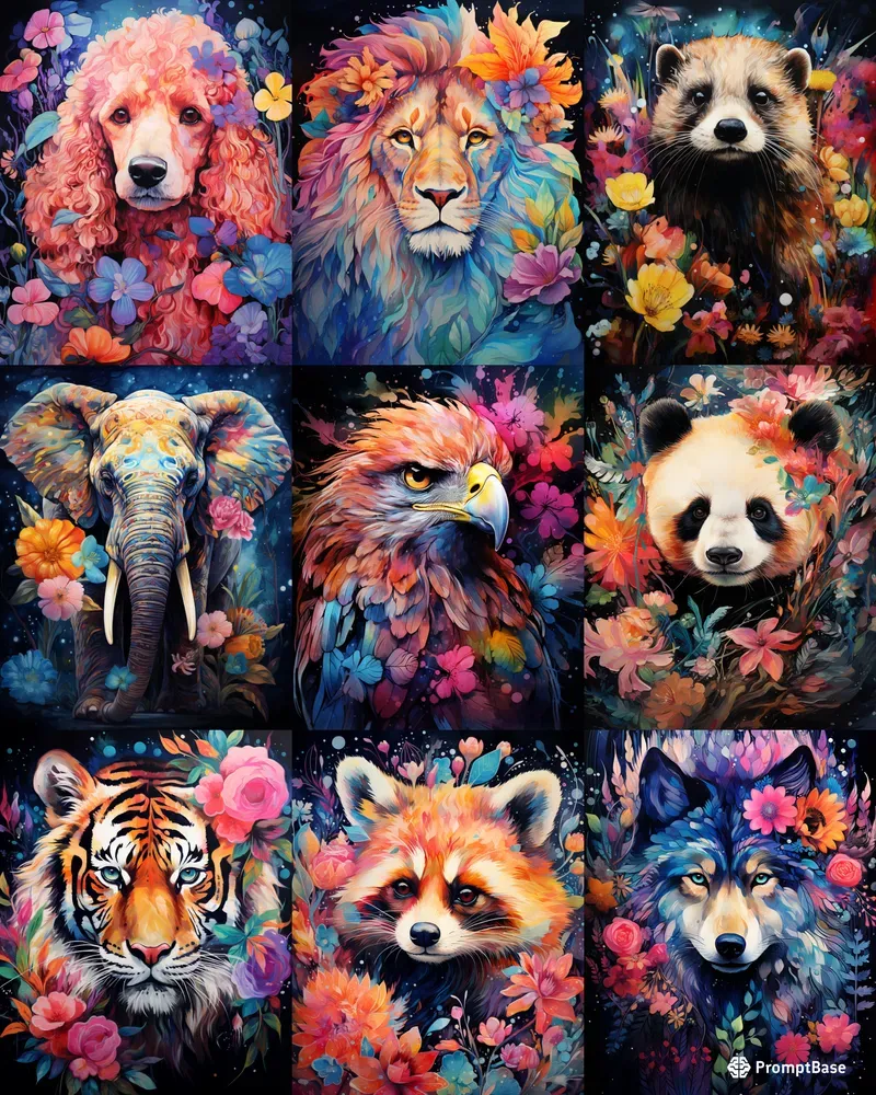 Neon Watercolor Animals With Flowers Midjourney Prompt | PromptBase
