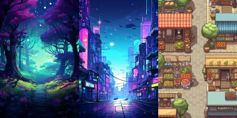 Mobile Game Pixel Art Backgrounds Midjourney Prompt | PromptBase
