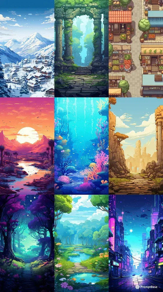 Mobile Game Pixel Art Backgrounds Midjourney Prompt | PromptBase