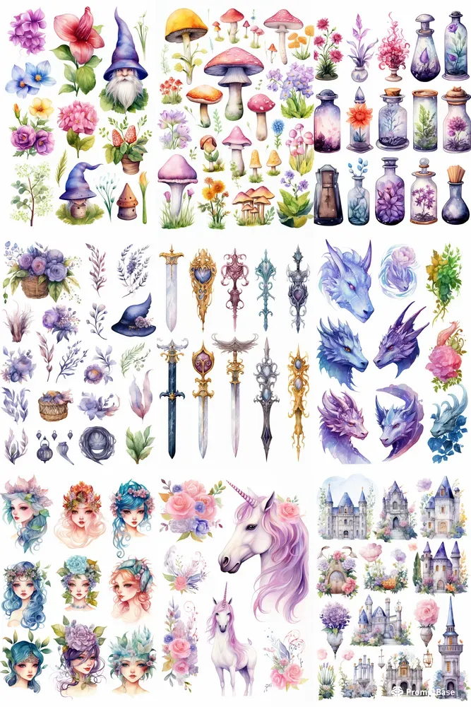 Fantasy Watercolor Clipart Collections Midjourney Prompt | PromptBase