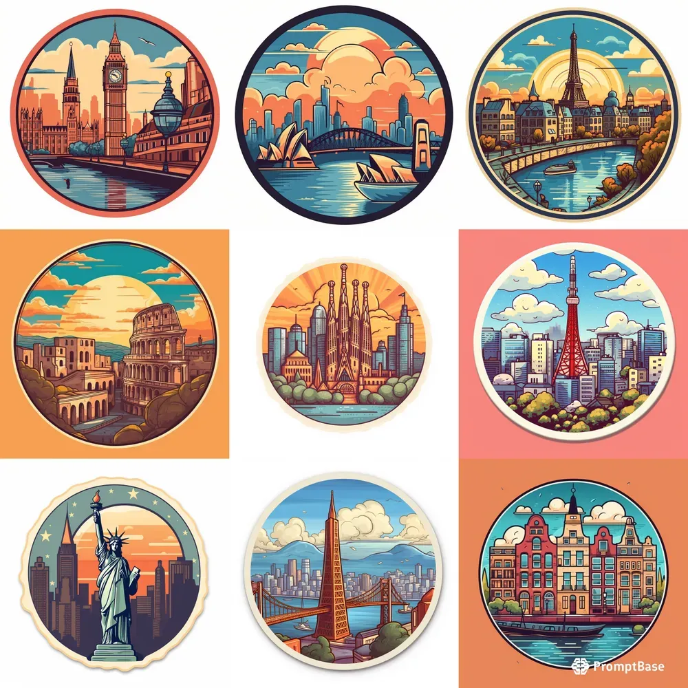Nostalgic Cityscape Sticker Collections Midjourney Prompt | PromptBase