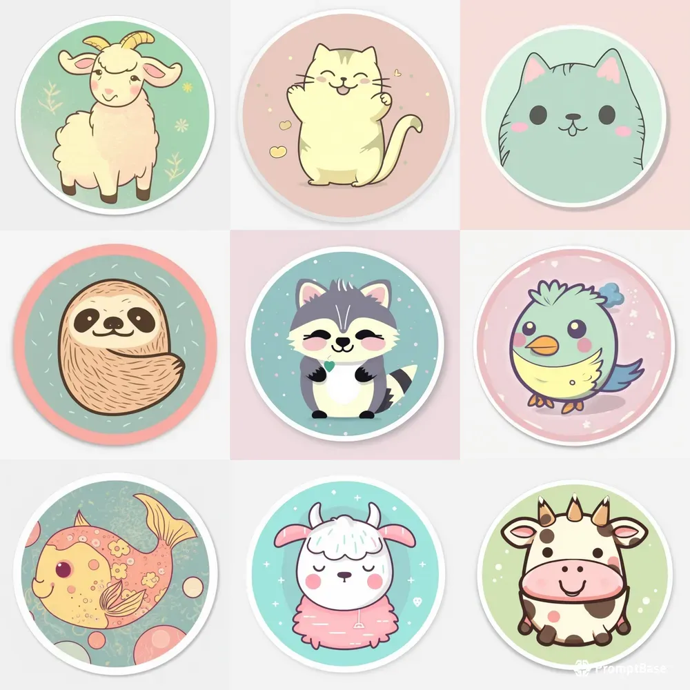 Cute Vintage Animals Round Stickers Midjourney Prompt | PromptBase