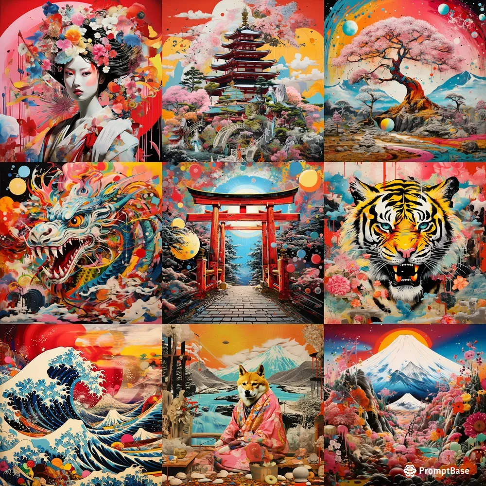 Japanese Mixed Media Collage Surreal Art Midjourney Prompt PromptBase