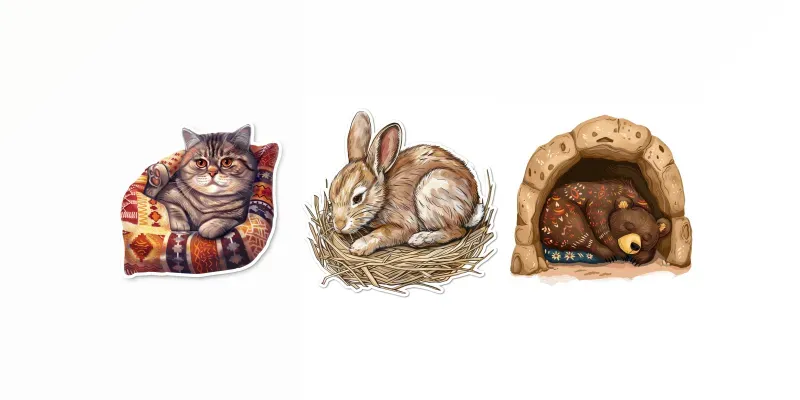Animals Being Cozy Clip Art Midjourney Prompt | PromptBase