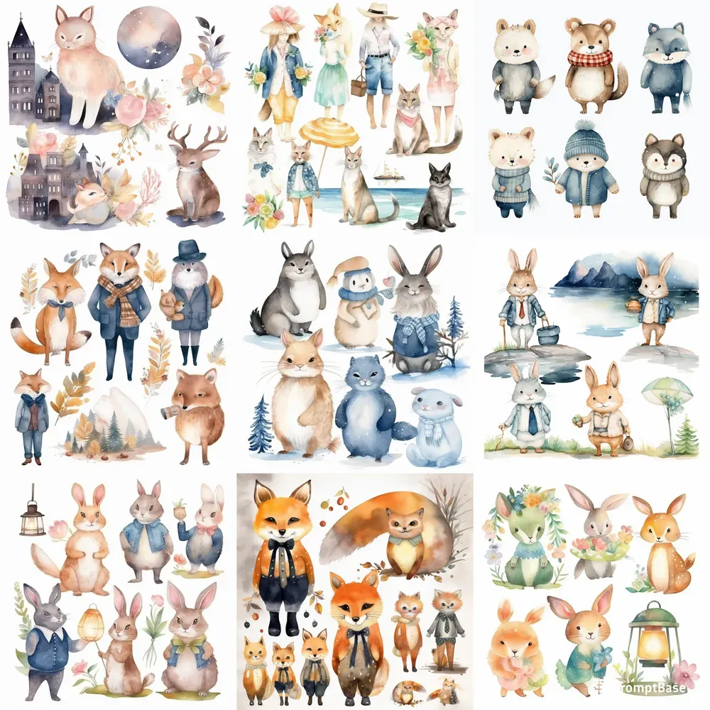 Watercolor Festive Clip Art Animals Midjourney Prompt | PromptBase