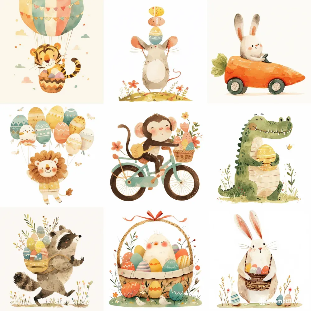 Cute Watercolor Easter Animals Cliparts Midjourney Prompt | PromptBase