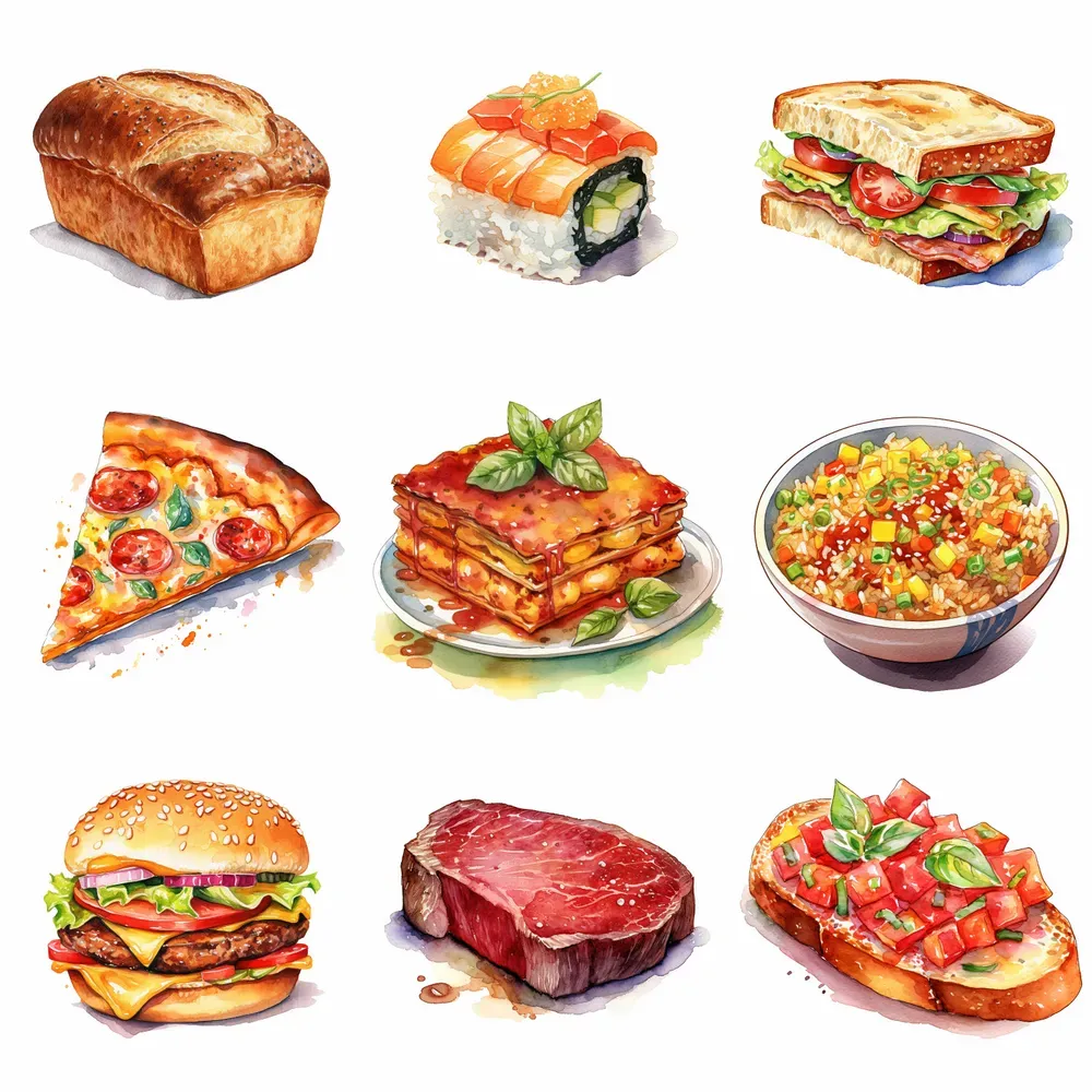 Savory Food Watercolor Cliparts Drawings Midjourney Prompt PromptBase