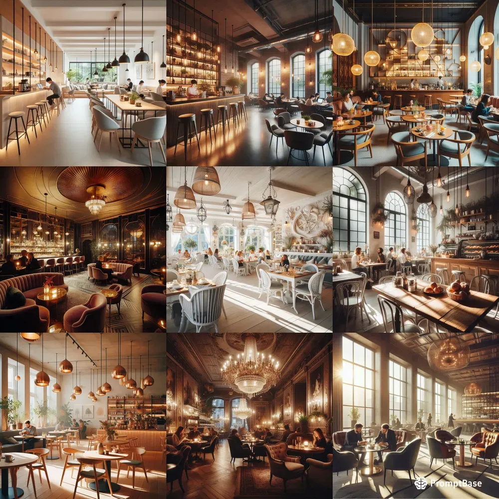 Cozy Elegant Caf Interior Designs DALL·E Prompt | PromptBase