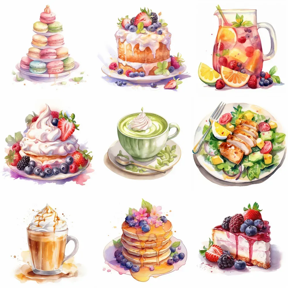 Foods Drinks Desserts Watercolor Cliparts Midjourney Prompt | PromptBase