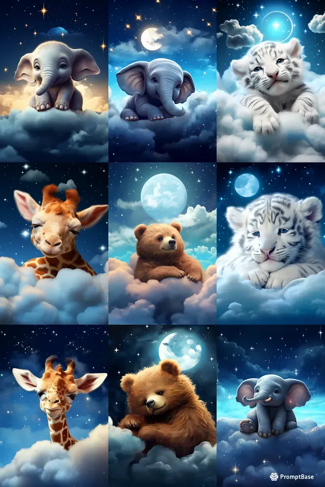Cute Animals Sleeping On Clouds Midjourney Prompt | PromptBase