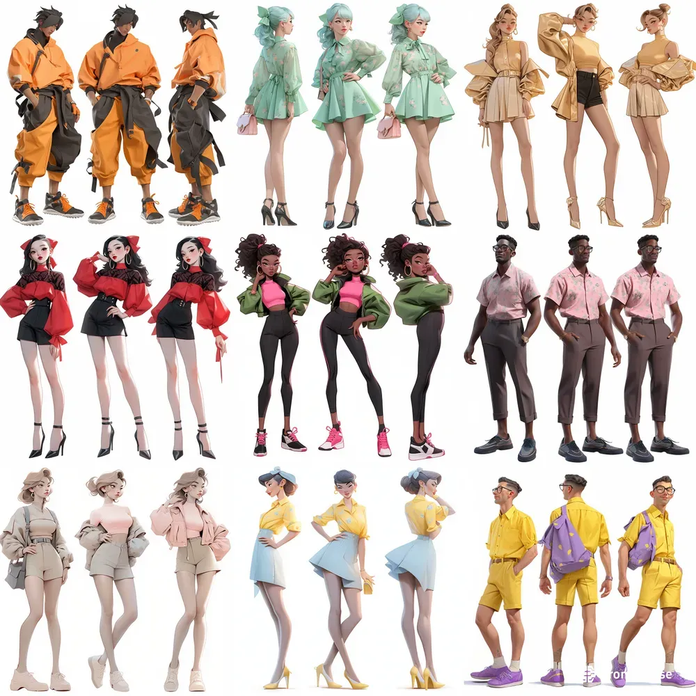 Multiple Poses Sheets Fashion Characters Midjourney Prompt | PromptBase