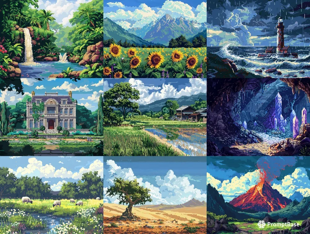 Pixel Art Landscapes Game Screenshots Midjourney Prompt | PromptBase