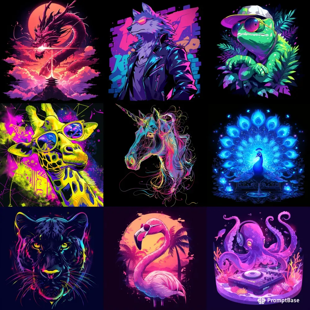 Glow In The Wild Neon Animal Tees Midjourney Prompt | PromptBase