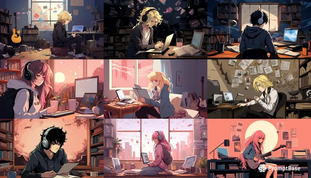 Music Lofi Anime Cartoon Wallpapers Midjourney Prompt | PromptBase