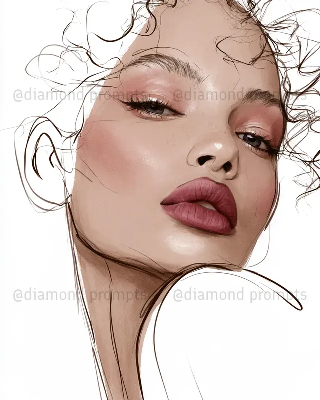 Elegant Lashes And Lips Line Art