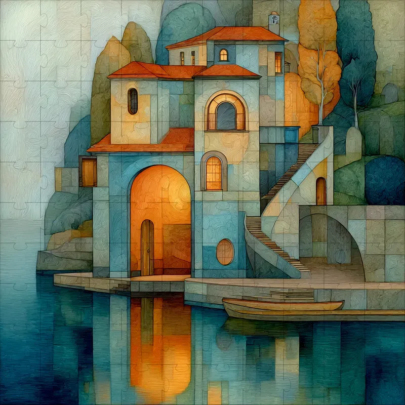 Oil Cubist Geometric Serene Elegance