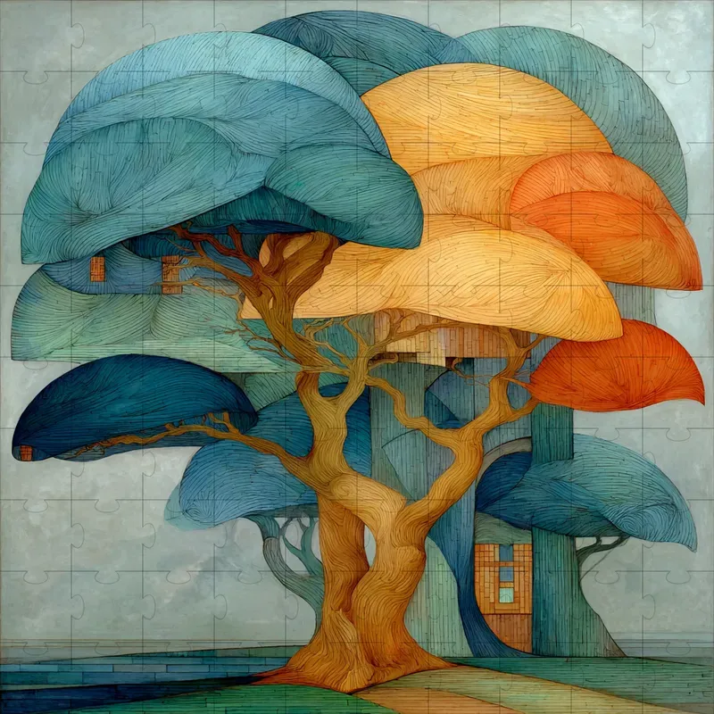 Oil Cubist Geometric Serene Elegance