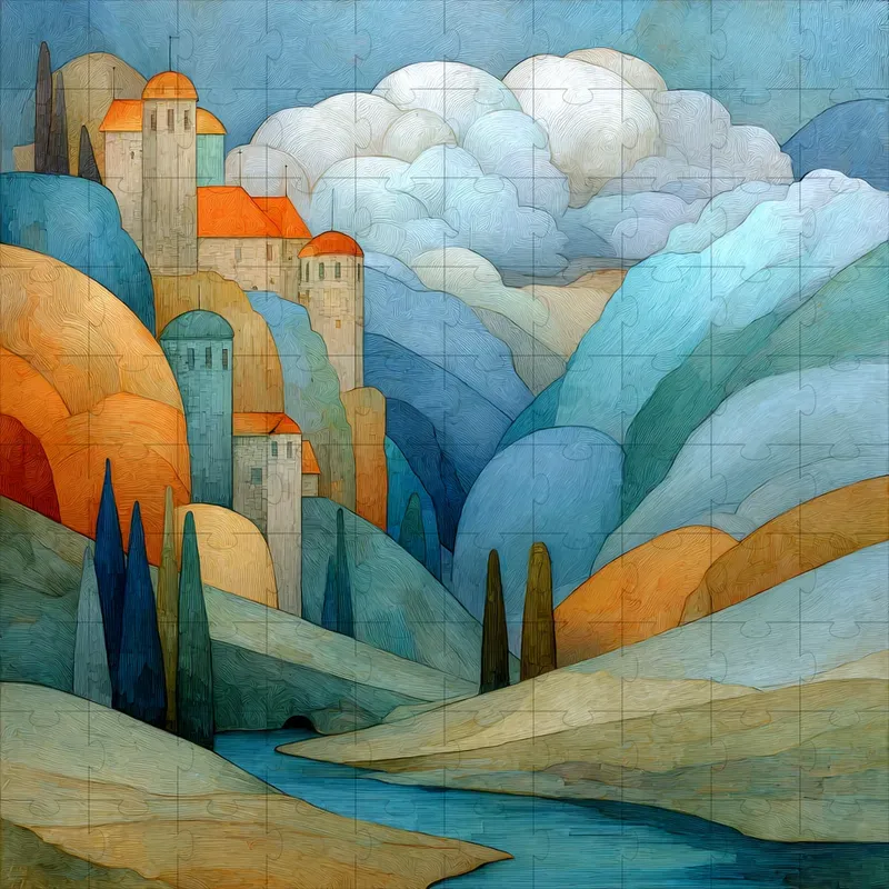 Oil Cubist Geometric Serene Elegance
