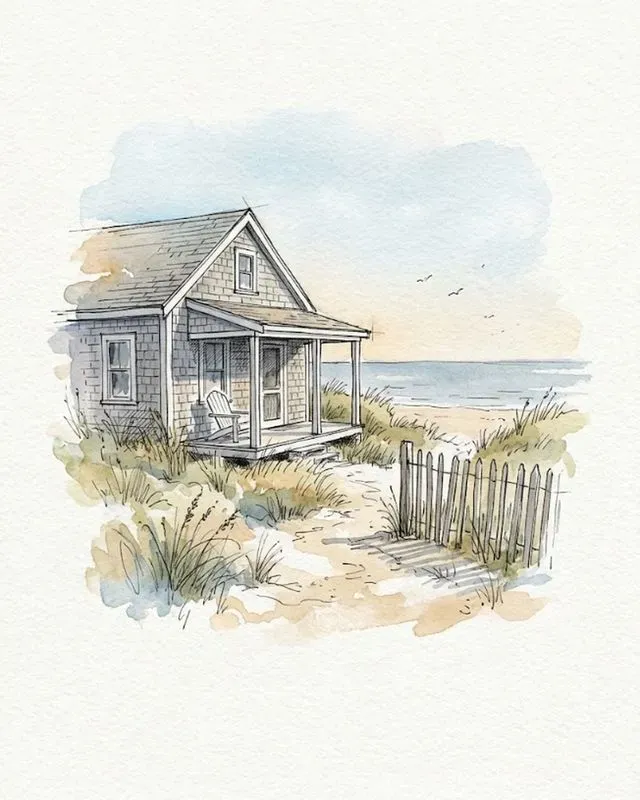 Watercolor Ink Beach House Sketches