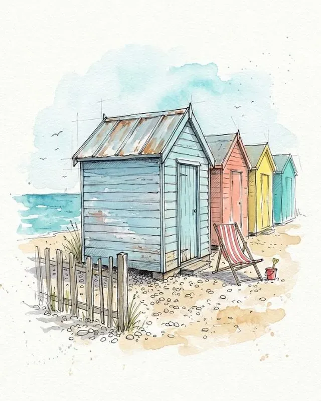 Watercolor Ink Beach House Sketches
