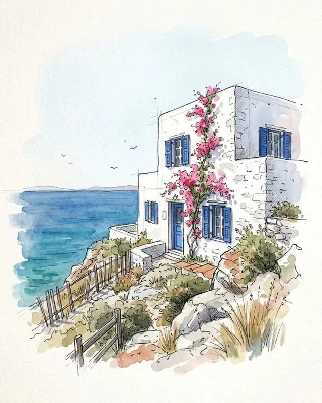 Watercolor Ink Beach House Sketches