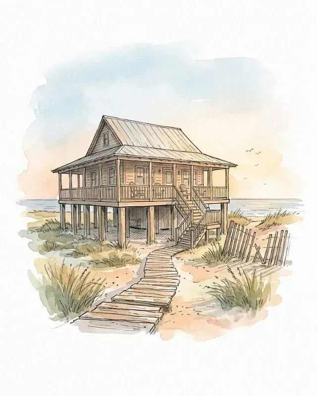 Watercolor Ink Beach House Sketches