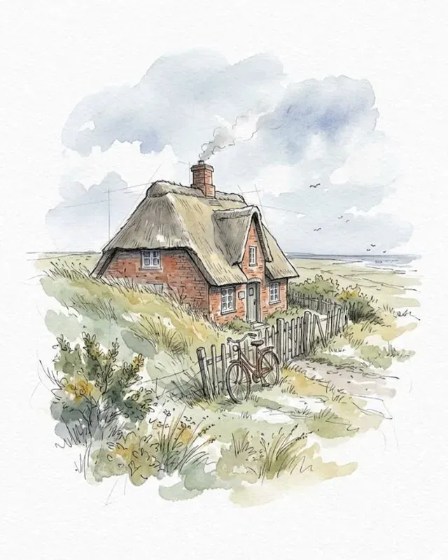 Watercolor Ink Beach House Sketches